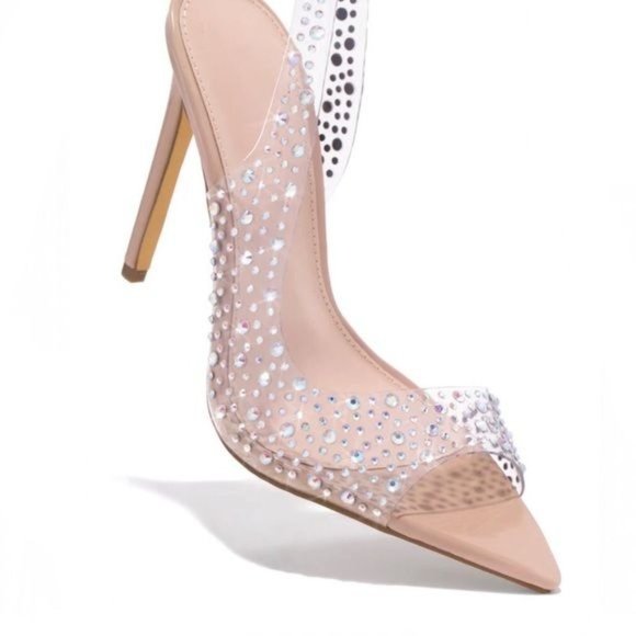 !! NEW !! Transparent Slingback Peep Toe Embellished Heels in Nude - Picture 4 of 6